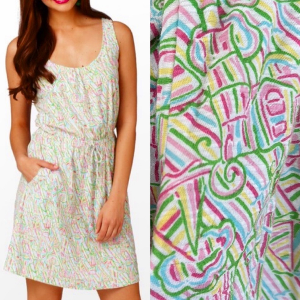 Lilly Pulitzer Kori Guiding Light pink green cotton tie waist pocket dress XS